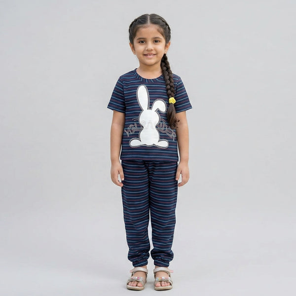 Girls Striped Co-Ord Set – Cute Bunny Print Cotton Top & Jogger Pants for Kids