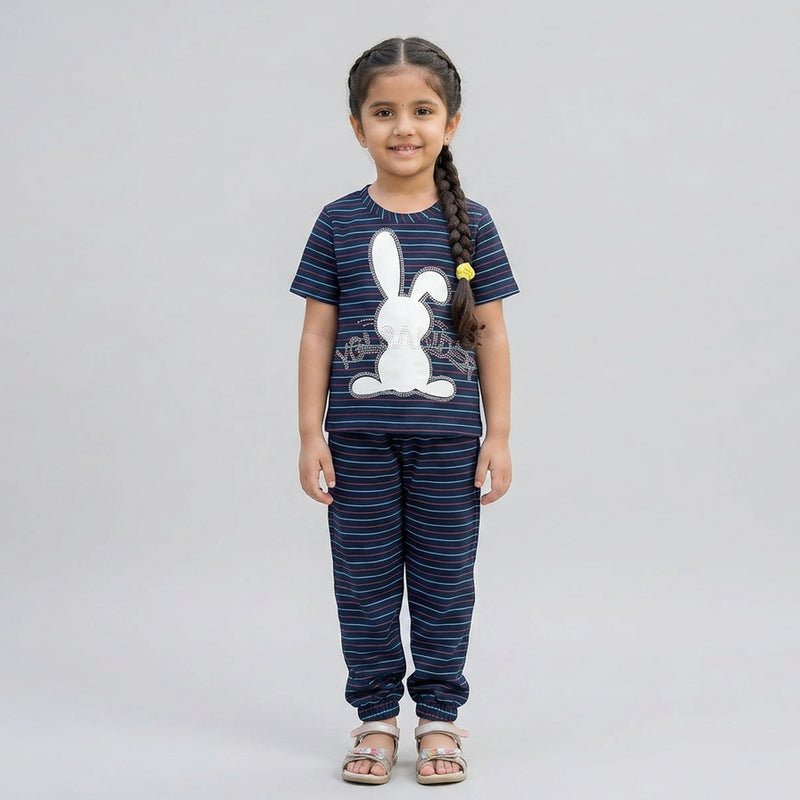 Girls Striped Co-Ord Set – Cute Bunny Print Cotton Top & Jogger Pants for Kids