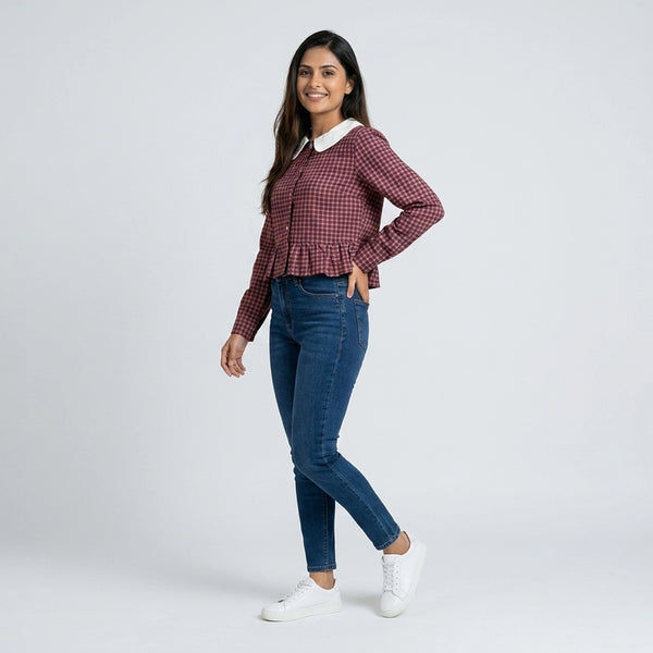 Women’s Gingham Peplum Top with Peter Pan Collar – Casual Chic Outfit Set