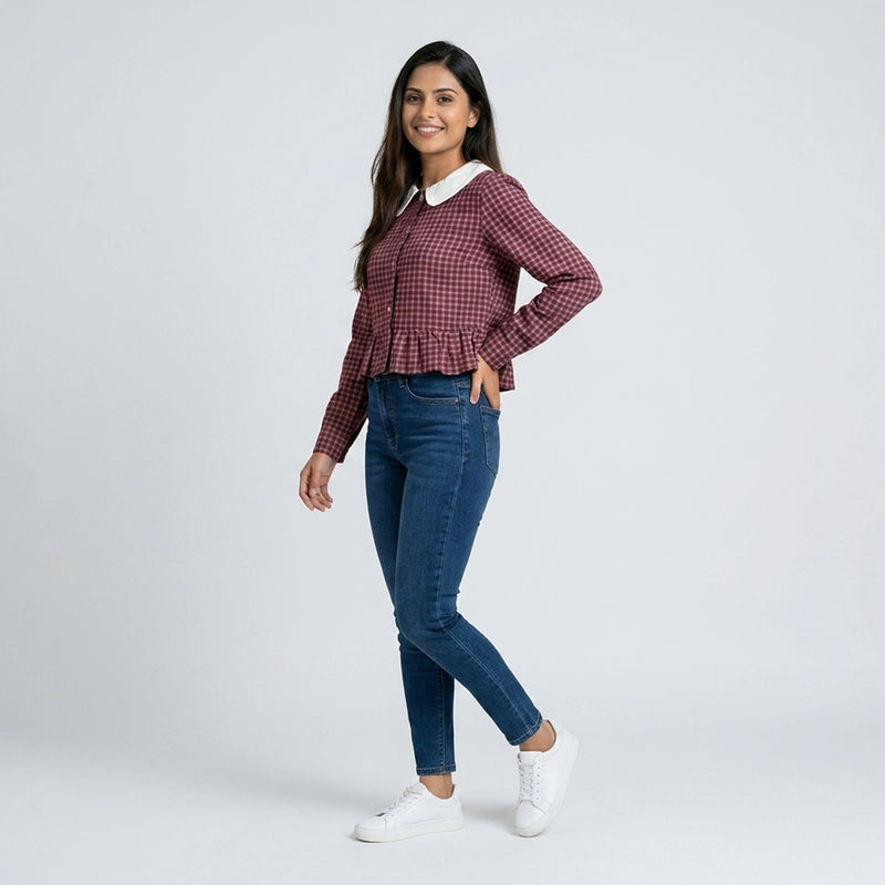 Women’s Gingham Peplum Top with Peter Pan Collar – Casual Chic Outfit Set
