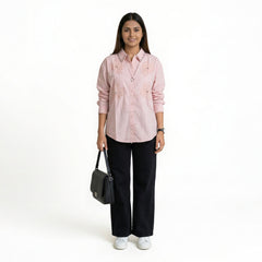 Women’s Floral Embroidered Cotton Shirt – Button-Down Top | Pink, Black, Beige & Blue Smart Casual Shirt