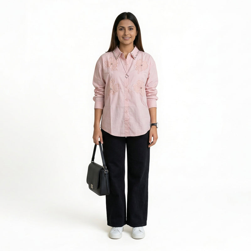 Women’s Floral Embroidered Cotton Shirt – Button-Down Top | Pink, Black, Beige & Blue Smart Casual Shirt