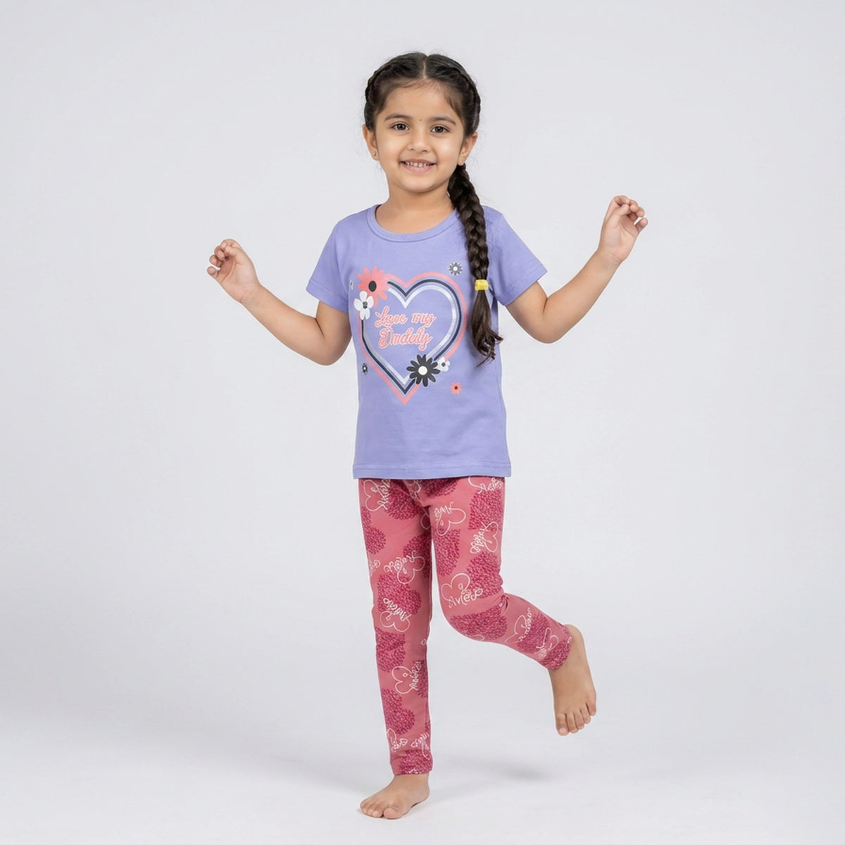 Girls Lavender Heart Print T-Shirt with Pink Printed Leggings Set