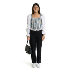 Women’s Printed Corset Top with Sheer Puff Sleeves & Black Wide-Leg Pants – Elegant Party Outfit Set