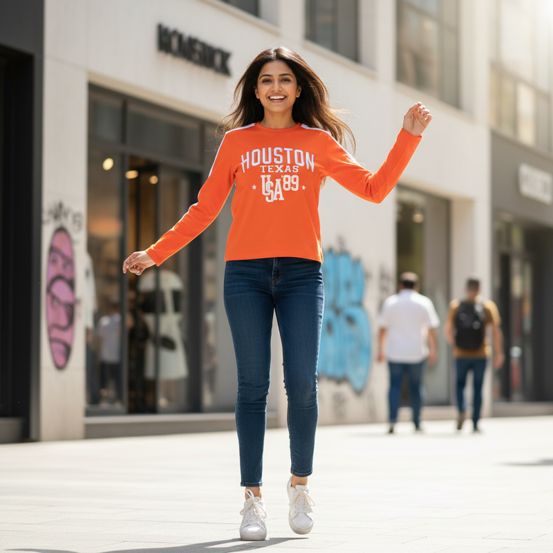 Woman wearing an orange “Houston Texas USA ’89” sweatshirt with blue skinny jeans and white sneakers, walking outdoors on a city street.

