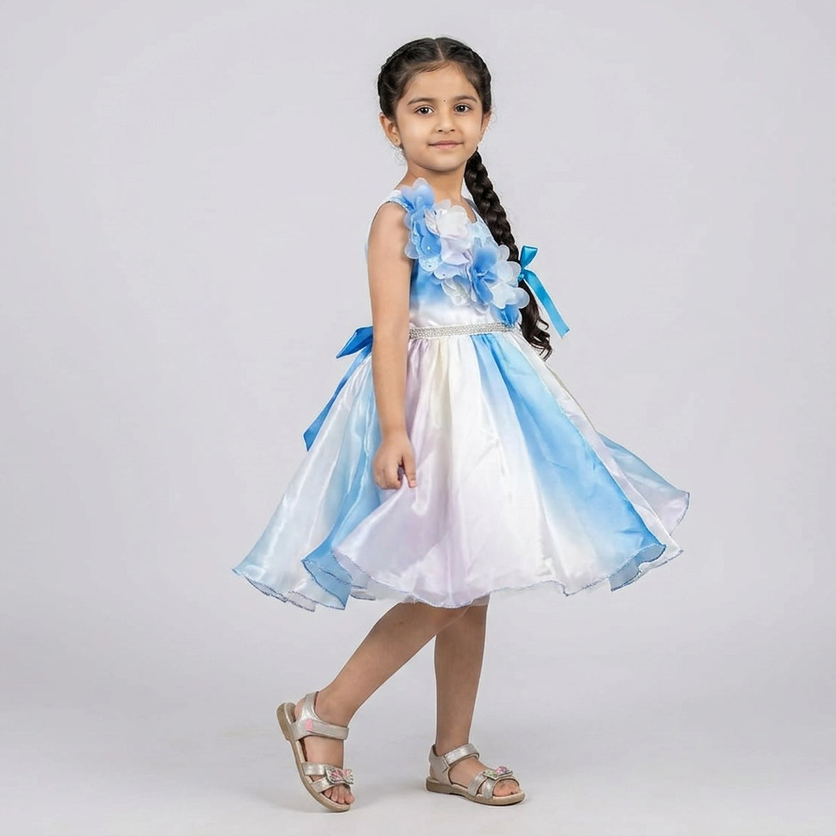 Girls Blue Ombre 3D Floral Applique Satin Party Dress with Beaded Belt