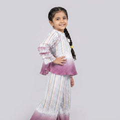 Girls Pink Ombre Striped Co-Ord Set – Ruffle Sleeve Top & Wide Leg Palazzo Pants for Party Wear