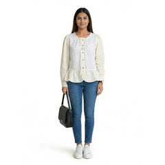 Polka Dot Button-Front Peplum Top with Contrast Sleeves
