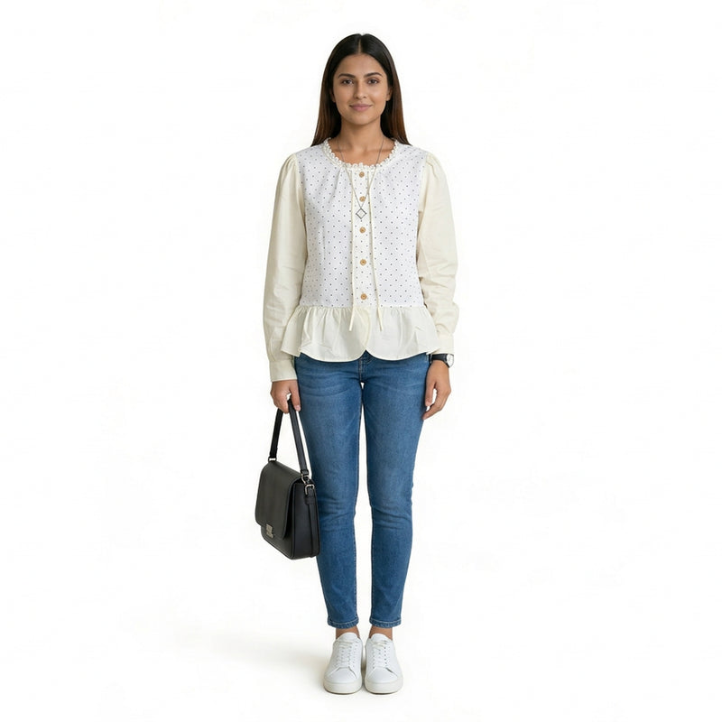 Polka Dot Button-Front Peplum Top with Contrast Sleeves