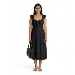 Ribbed Midi Dress with Ruffle Sleeves & Tie Front – Elegant A-Line Summer Dress for Women