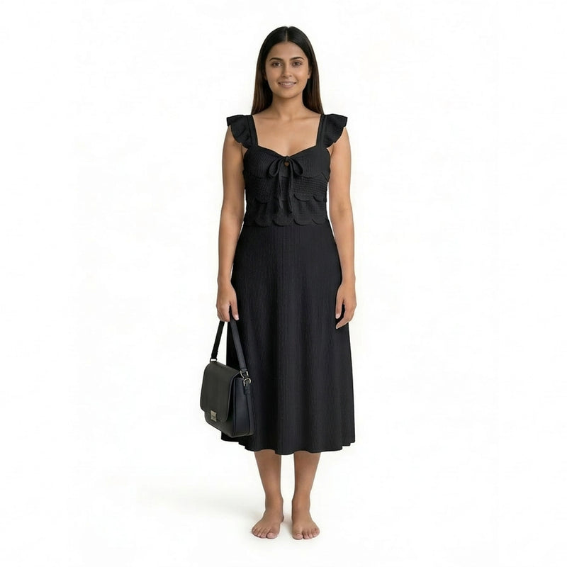 Ribbed Midi Dress with Ruffle Sleeves & Tie Front – Elegant A-Line Summer Dress for Women