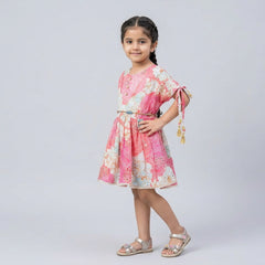 Girls Pink Floral Printed Fit & Flare Dress with Tassel Sleeves – Elegant Party Wear Dress for Kids