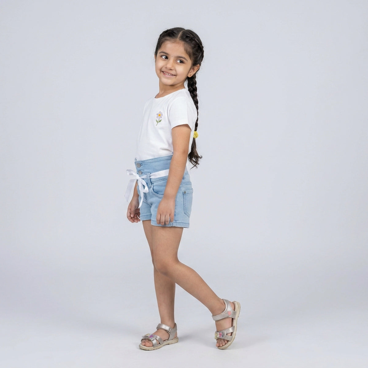 Girls Light Wash Denim Shorts with Satin Ribbon Tie Belt