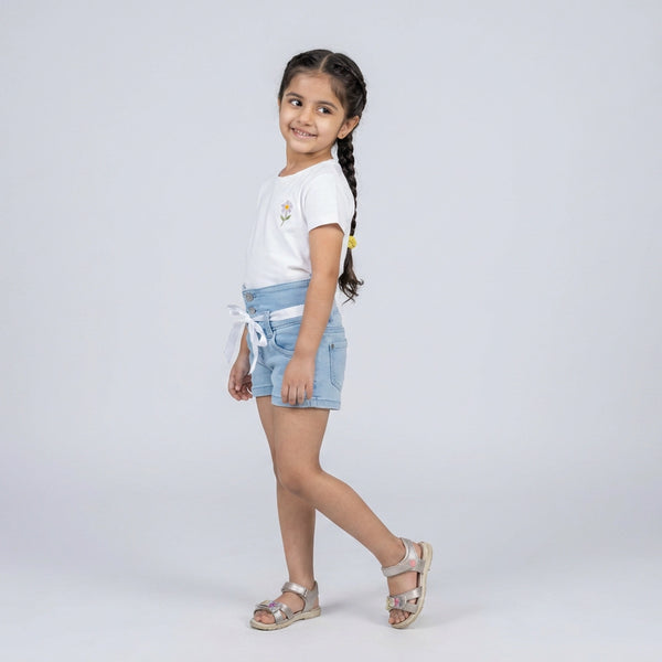 Girls Light Wash Denim Shorts with Satin Ribbon Tie Belt