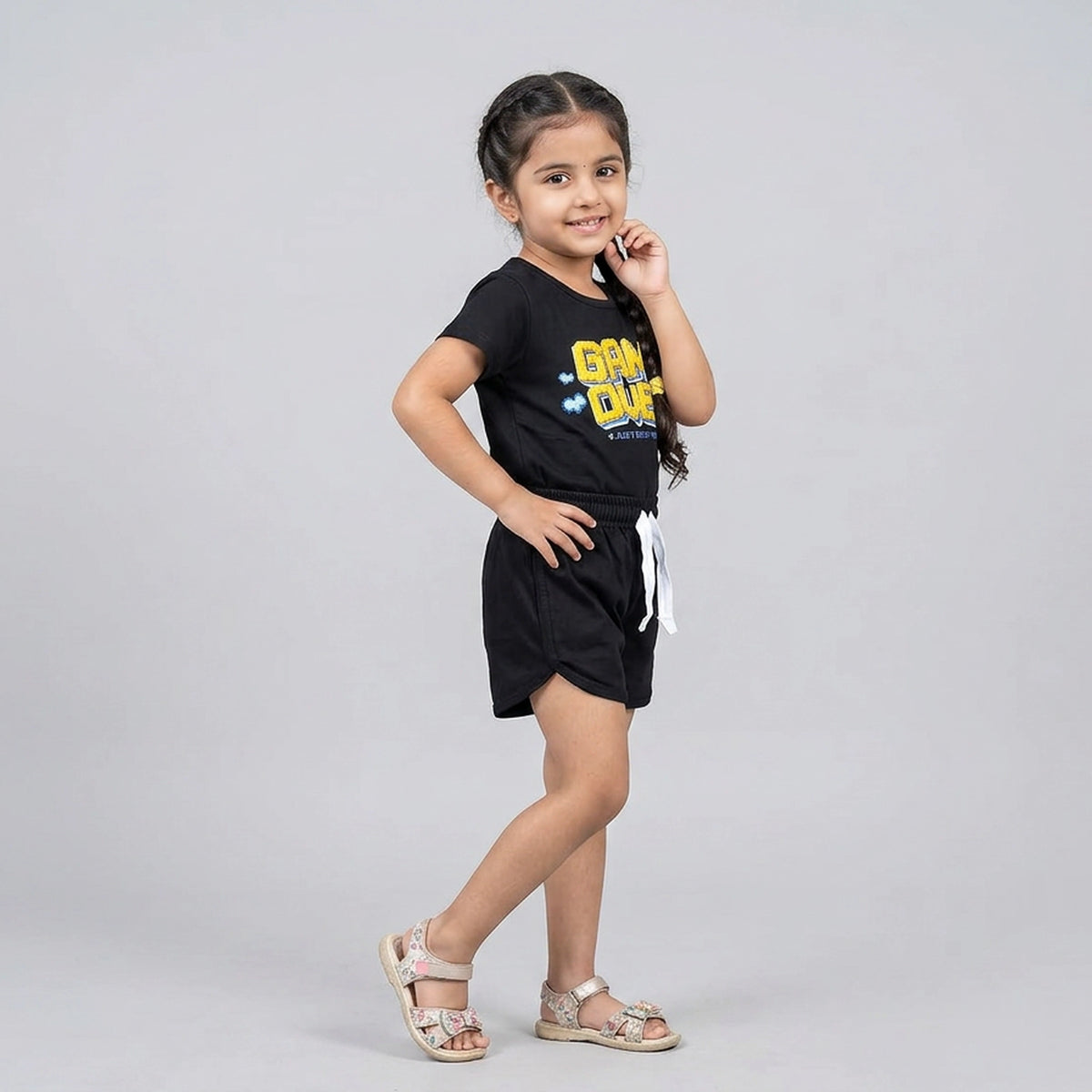 Kids Game Over Graphic Print T-Shirt with Drawstring Shorts Set