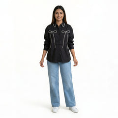 Women’s Embroidered Bow Shirt – Elegant Button-Down Long Sleeve Top | Cute Smart Casual & Office Wear