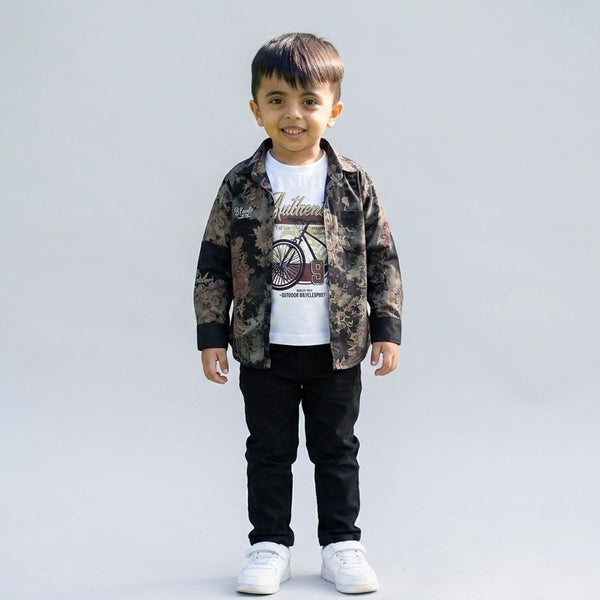 Boys Dark Printed Shirt with Graphic T-Shirt & Grey Jeans – Stylish Kids 3-Piece Casual Outfit Set KD-MV-B-SET-10060
