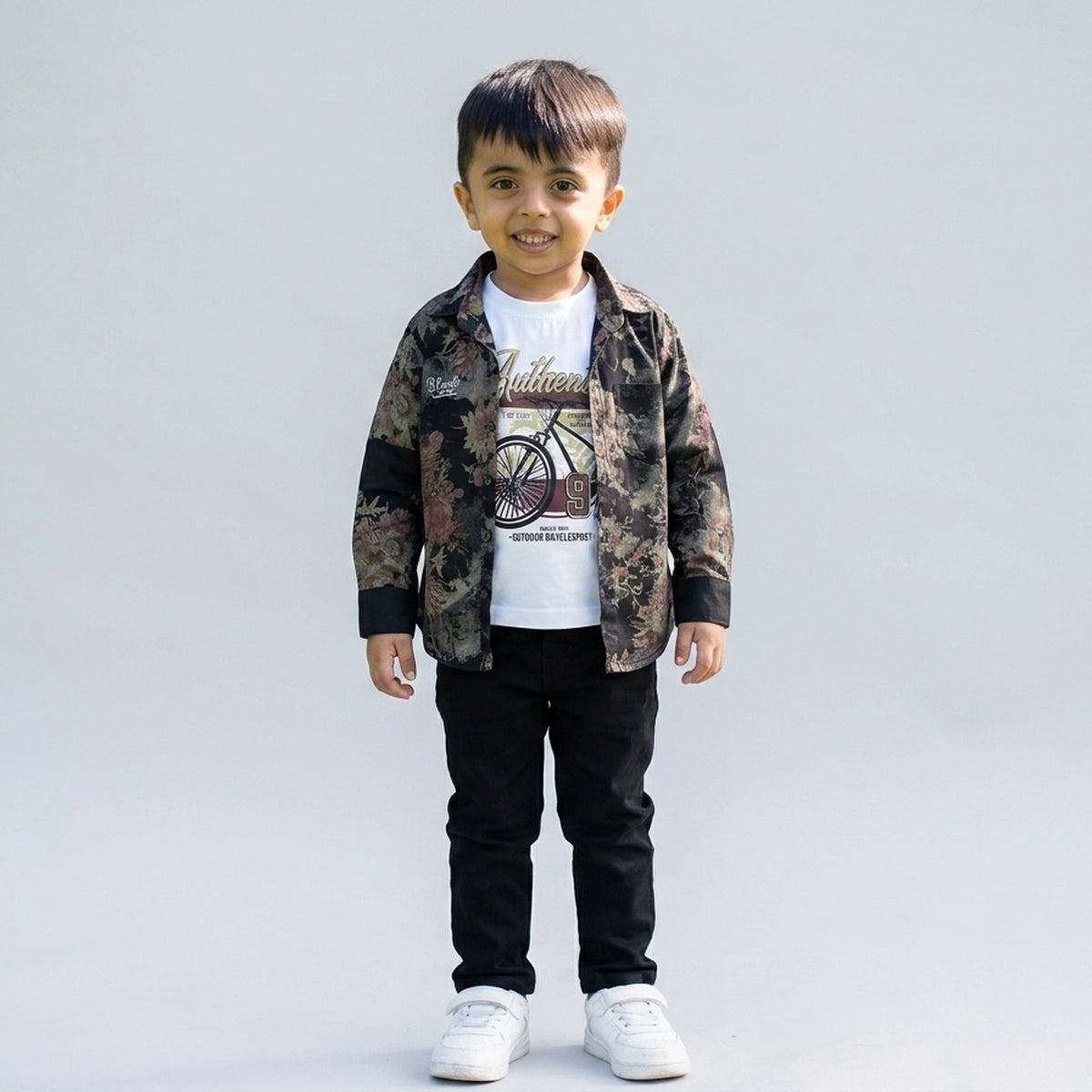 Boys Dark Printed Shirt with Graphic T-Shirt & Grey Jeans – Stylish Kids 3-Piece Casual Outfit Set KD-MV-B-SET-10060 - image 2
