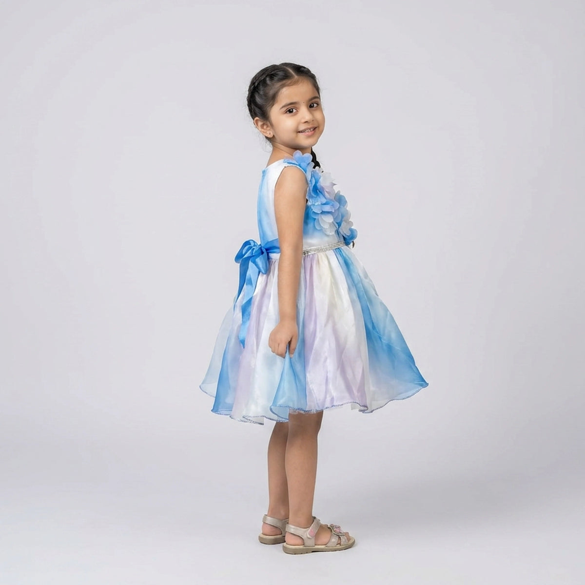 Girls Blue Ombre 3D Floral Applique Satin Party Dress with Beaded Belt