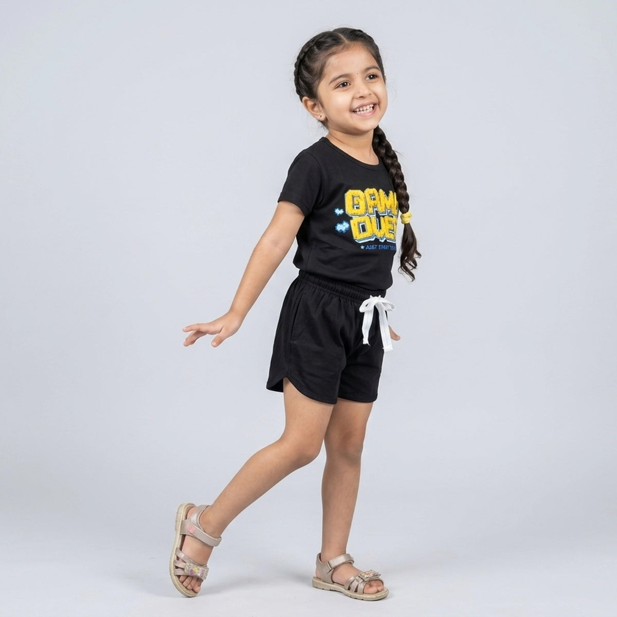 Kids Game Over Graphic Print T-Shirt with Drawstring Shorts Set