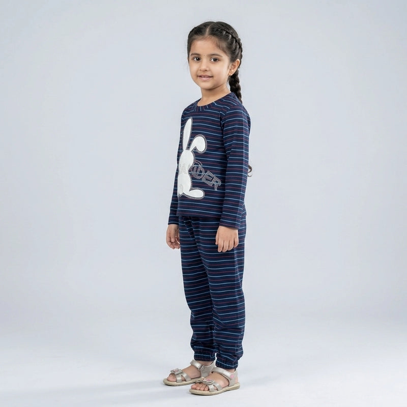 Girls Striped Co-Ord Set – Cute Bunny Print Cotton Top & Jogger Pants for Kids