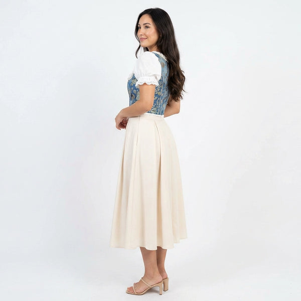 Women’s Printed Corset Top with Sheer Puff Sleeves & Black Wide-Leg Pants – Elegant Party Outfit Set