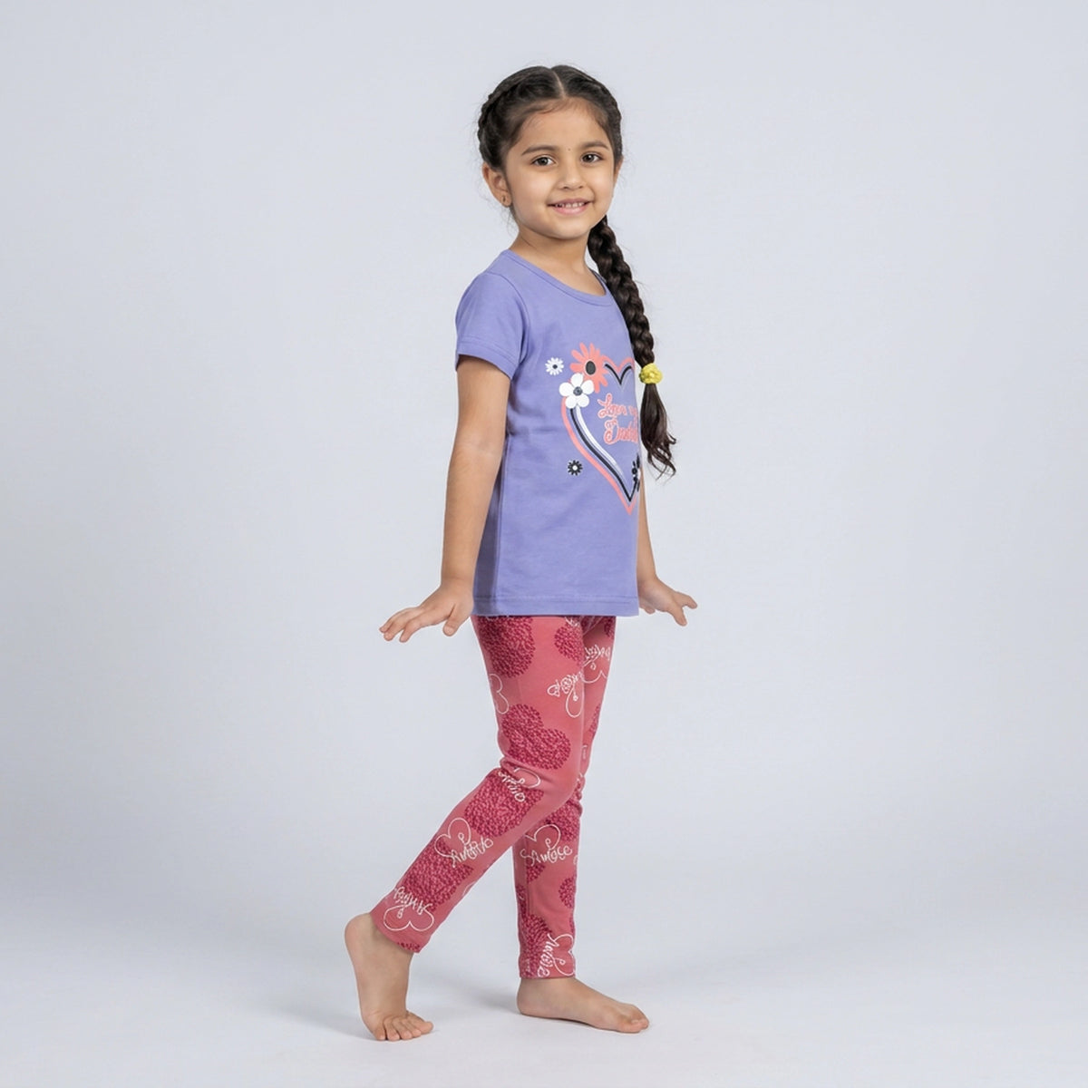Girls Lavender Heart Print T-Shirt with Pink Printed Leggings Set