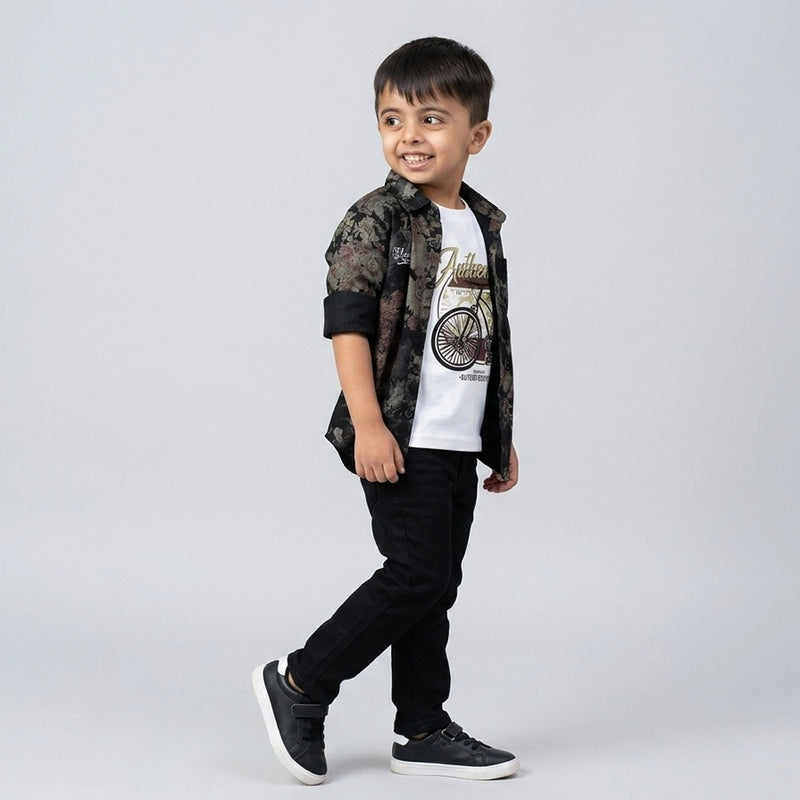 Boys Dark Printed Shirt with Graphic T-Shirt & Grey Jeans – Stylish Kids 3-Piece Casual Outfit Set KD-MV-B-SET-10060