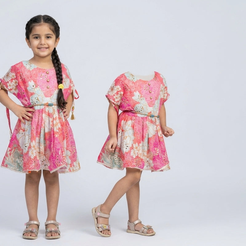 Girl wearing pink floral printed fit and flare dress with tassel tie sleeves elegant party wear dress for kids