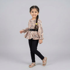 Girl wearing beige paisley print peplum top with black leggings stylish co-ord set for kids casual and party wear