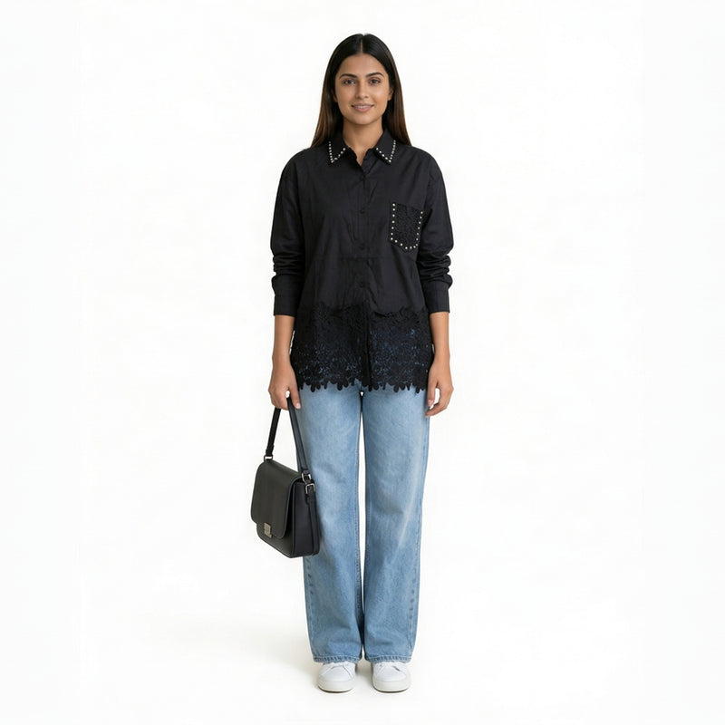 Women’s Lace Hem Cotton Shirt – Embroidered Button-Down Top | White, Blue, Pink, Beige & Black Casual Shirt