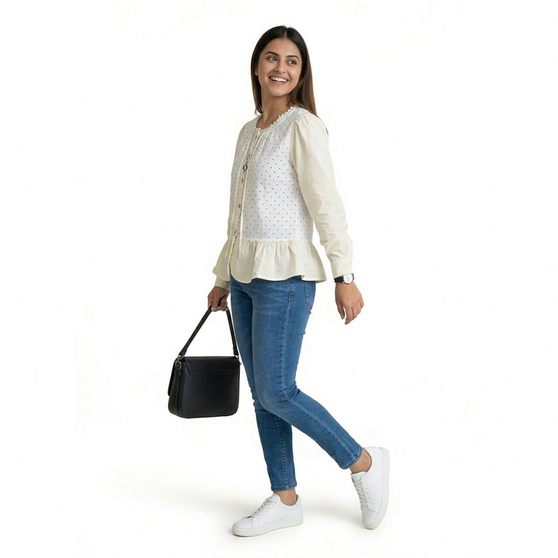 Polka Dot Button-Front Peplum Top with Contrast Sleeves