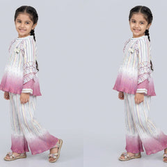Girl wearing pink ombre striped co-ord set with ruffle sleeve top and wide leg palazzo pants stylish party wear outfit for kids