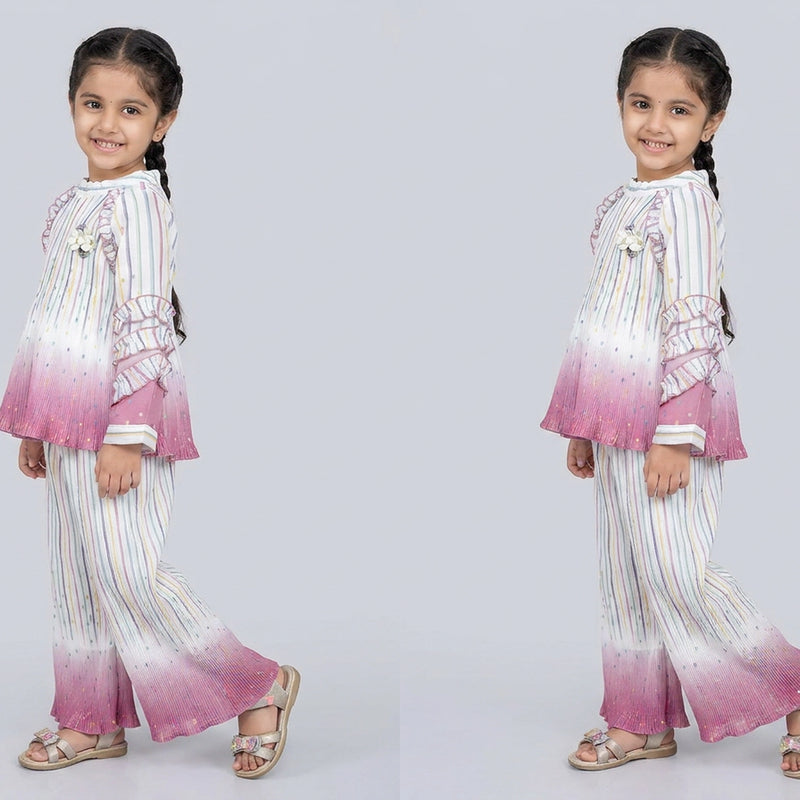 Girl wearing pink ombre striped co-ord set with ruffle sleeve top and wide leg palazzo pants stylish party wear outfit for kids
