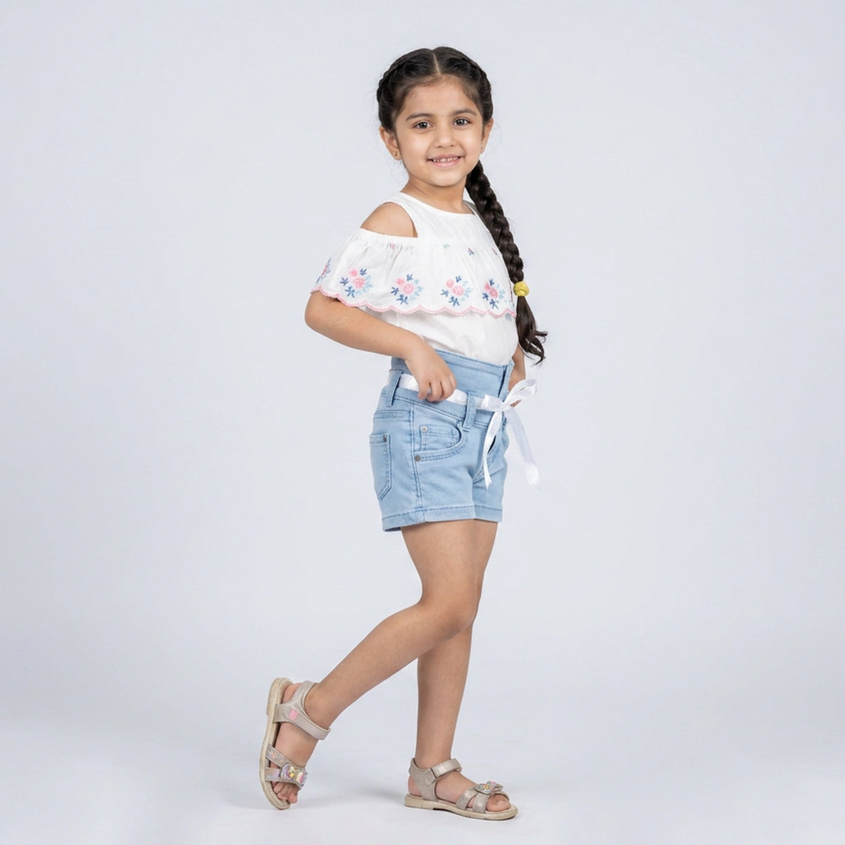 Girls Light Wash Denim Shorts with Satin Ribbon Tie Belt