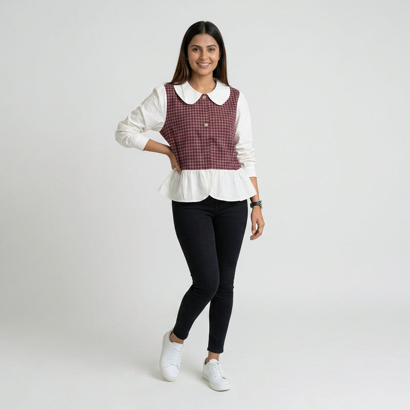 Women’s Gingham Peplum Top with Peter Pan Collar – Casual Chic Outfit Set
