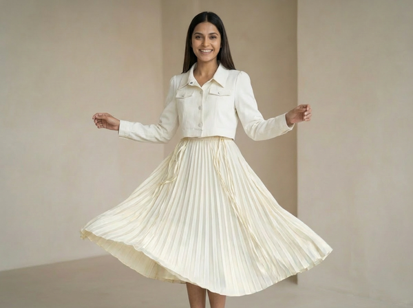 Woman wearing an off-white cropped shirt paired with a matching pleated midi skirt, twirling in a minimal indoor setting.

