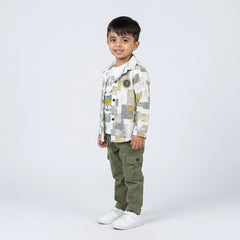 Boys Printed Shirt with Graphic T-Shirt & Olive Cargo Pants – Stylish Kids 3-Piece Casual Outfit
