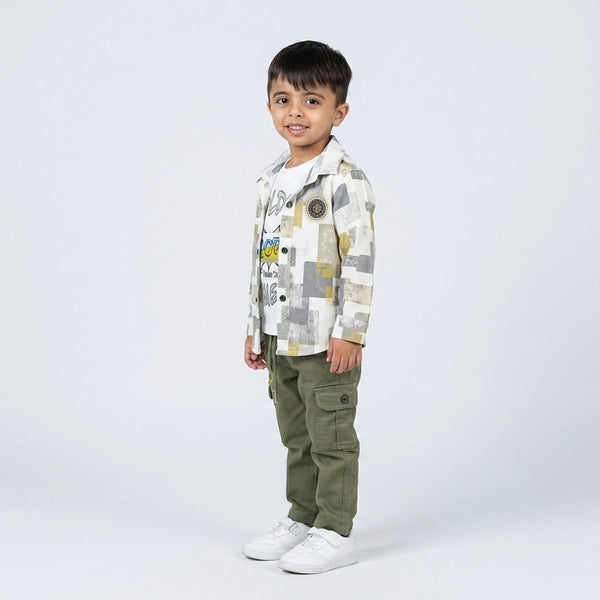 Boys Printed Shirt with Graphic T-Shirt & Olive Cargo Pants – Stylish Kids 3-Piece Casual Outfit