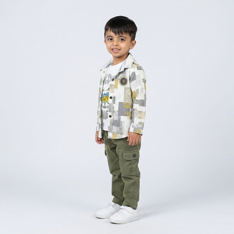 Boys Printed Shirt with Graphic T-Shirt & Olive Cargo Pants – Stylish Kids 3-Piece Casual Outfit