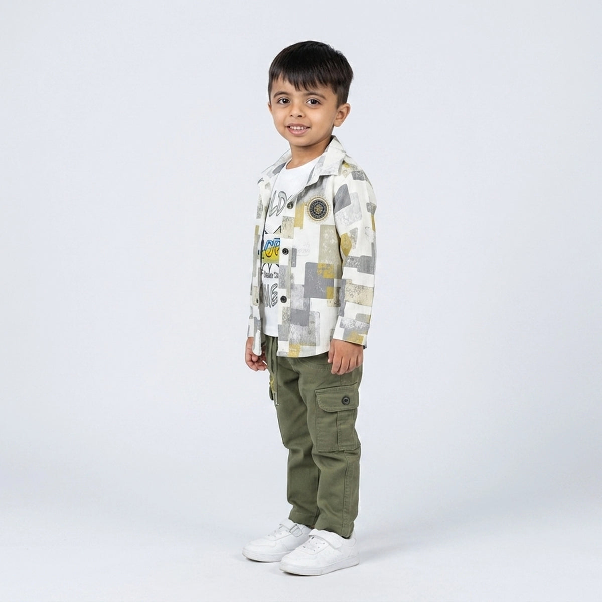 Boys Printed Shirt with Graphic T-Shirt & Olive Cargo Pants – Stylish Kids 3-Piece Casual Outfit - image 2