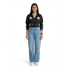 Women’s Floral Embroidered Shirt – Cotton Button-Down Top | Black, Beige, White, Pink & SKY Blue Smart Casual Shirt