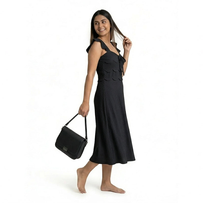 Ribbed Midi Dress with Ruffle Sleeves & Tie Front – Elegant A-Line Summer Dress for Women
