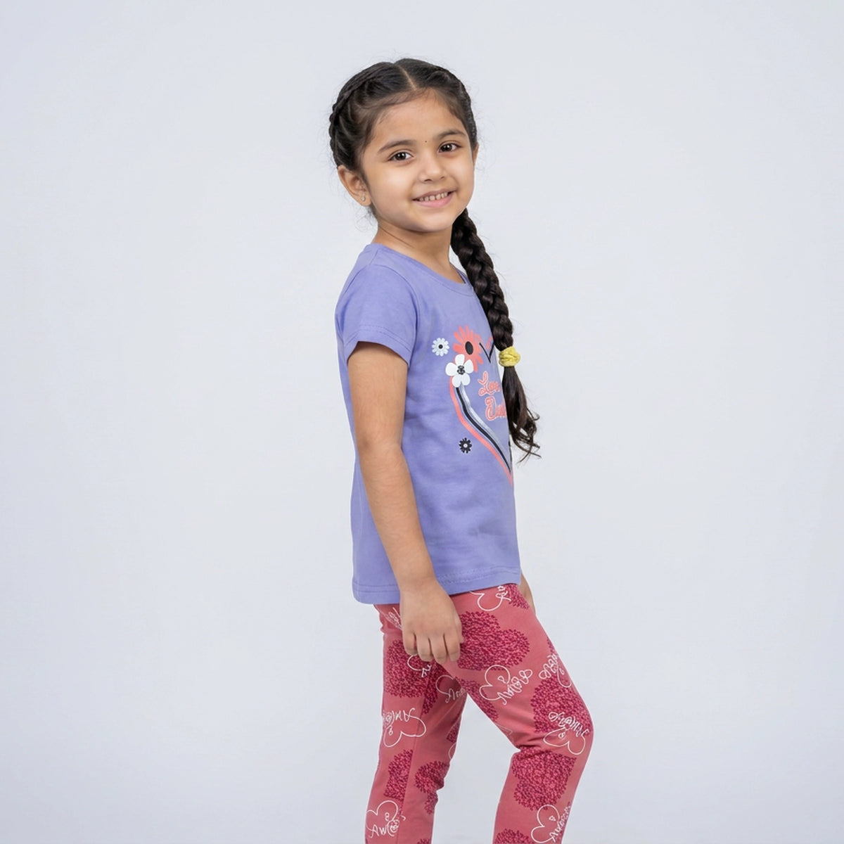 Girls Lavender Heart Print T-Shirt with Pink Printed Leggings Set