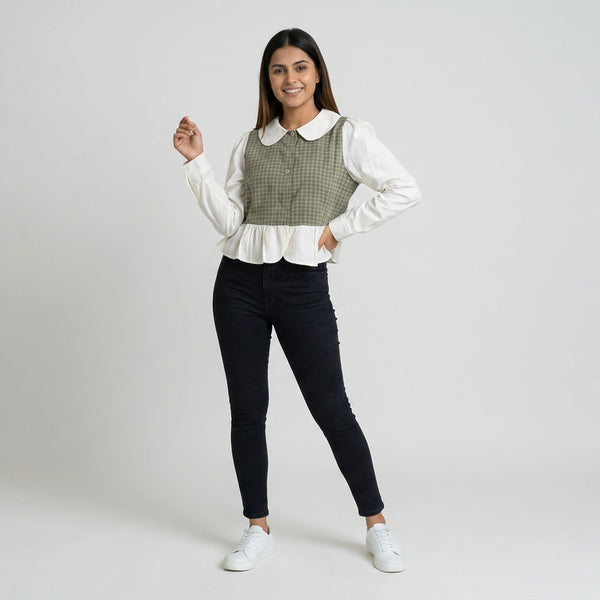 Women’s Gingham Peplum Top with Peter Pan Collar – Casual Chic Outfit Set