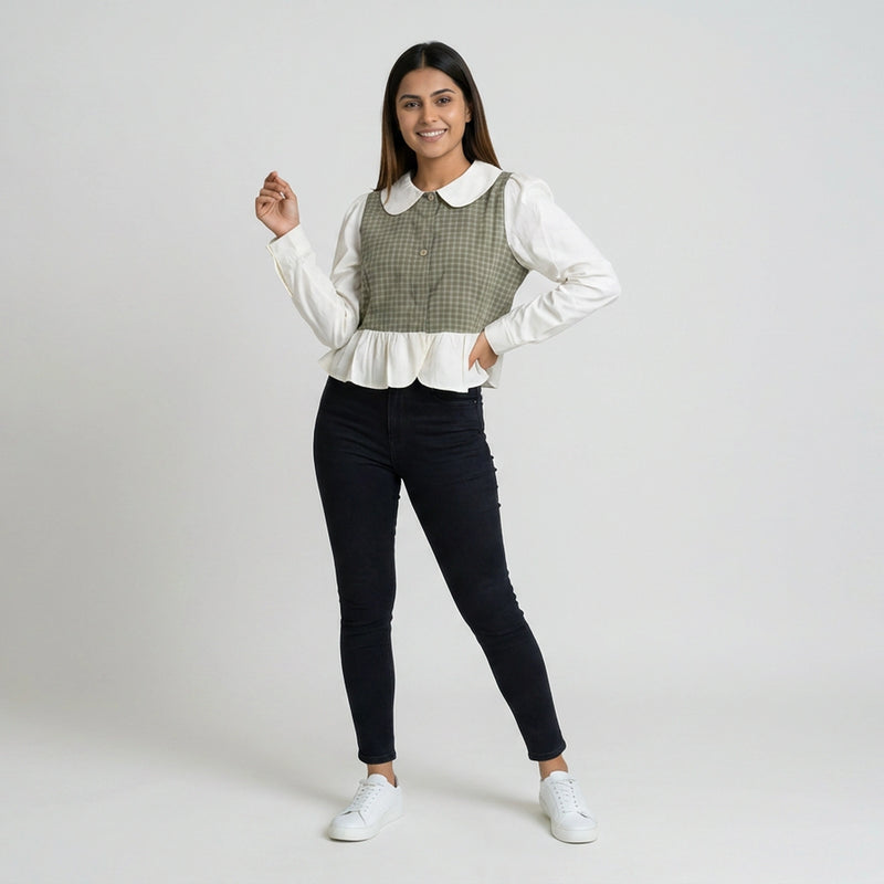 Women’s Gingham Peplum Top with Peter Pan Collar – Casual Chic Outfit Set