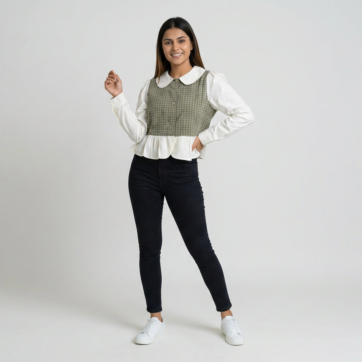 Women’s Gingham Peplum Top with Peter Pan Collar – Casual Chic Outfit Set - image 3