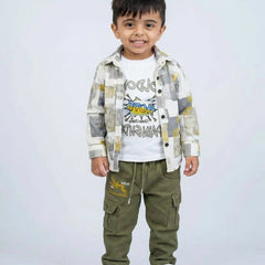 Boys Printed Shirt with Graphic T-Shirt & Olive Cargo Pants – Stylish Kids 3-Piece Casual Outfit