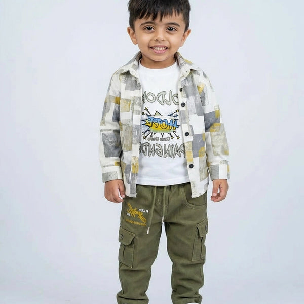 Boys Printed Shirt with Graphic T-Shirt & Olive Cargo Pants – Stylish Kids 3-Piece Casual Outfit