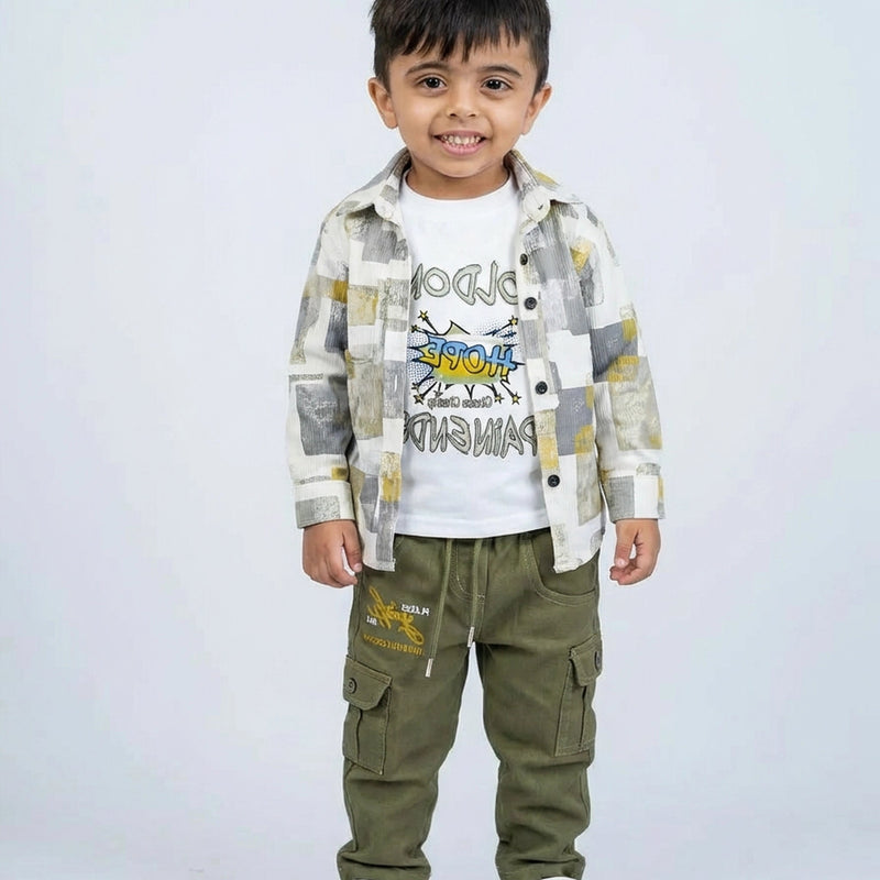 Boys Printed Shirt with Graphic T-Shirt & Olive Cargo Pants – Stylish Kids 3-Piece Casual Outfit